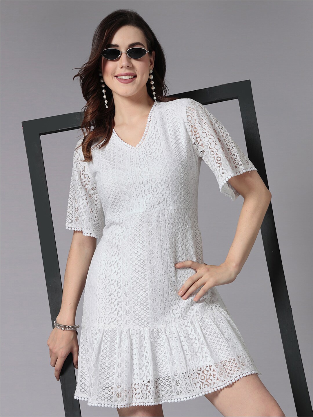 

Style Quotient Self Designed Flared Sleeves Cotton A-Line Dress, White