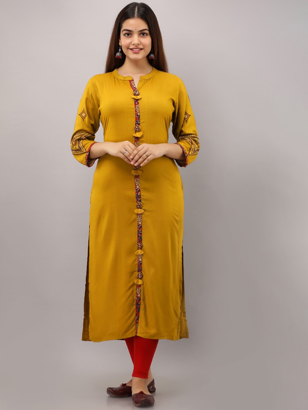 

BAESD Mandarin Collar Thread Work Details Straight Kurta, Mustard