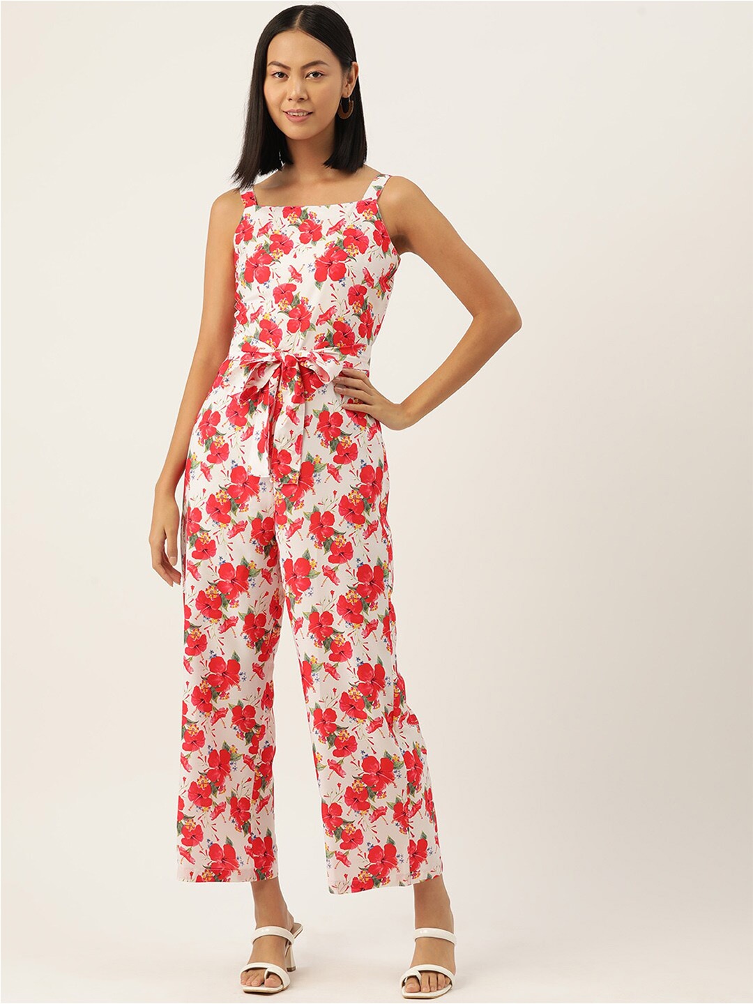 

SIRIKIT Floral Printed Shoulder Strap Waist Tie-Ups Basic Jumpsuit, White