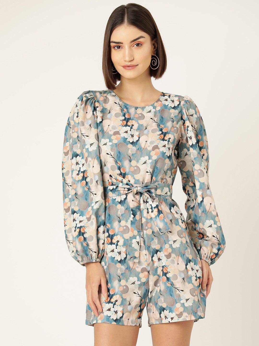 

SIRIKIT Floral Printed Puff Sleeve Taie-Ups Jumpsuit, Grey