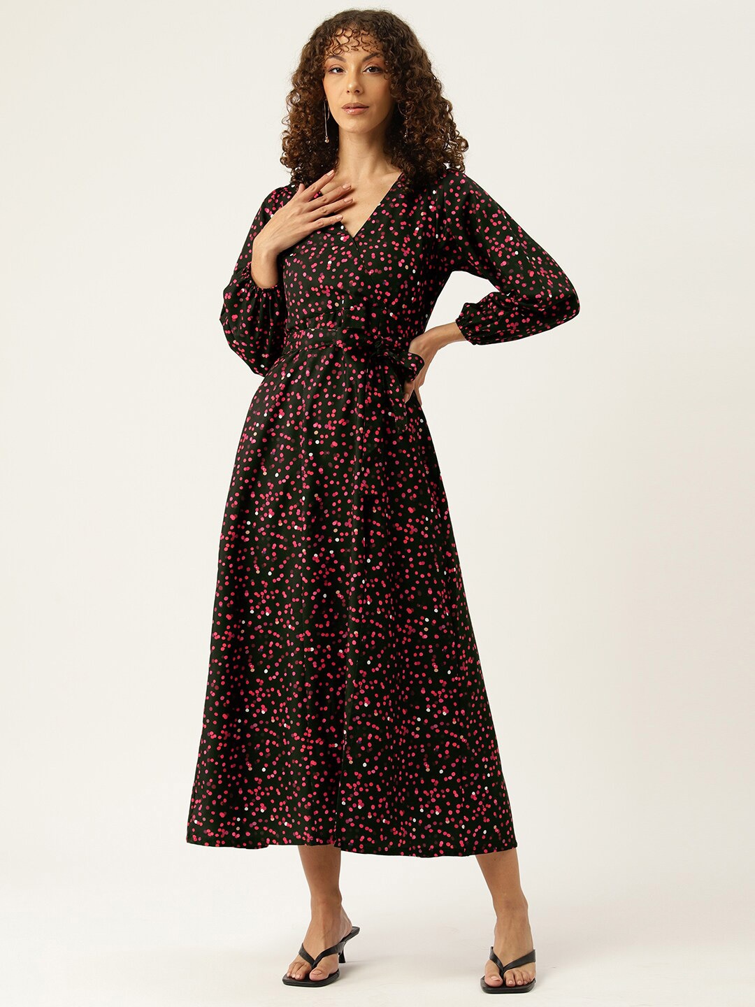 

SIRIKIT Polka Dot Printed V-Neck Puff Sleeves Wrap Midi Dress, Black