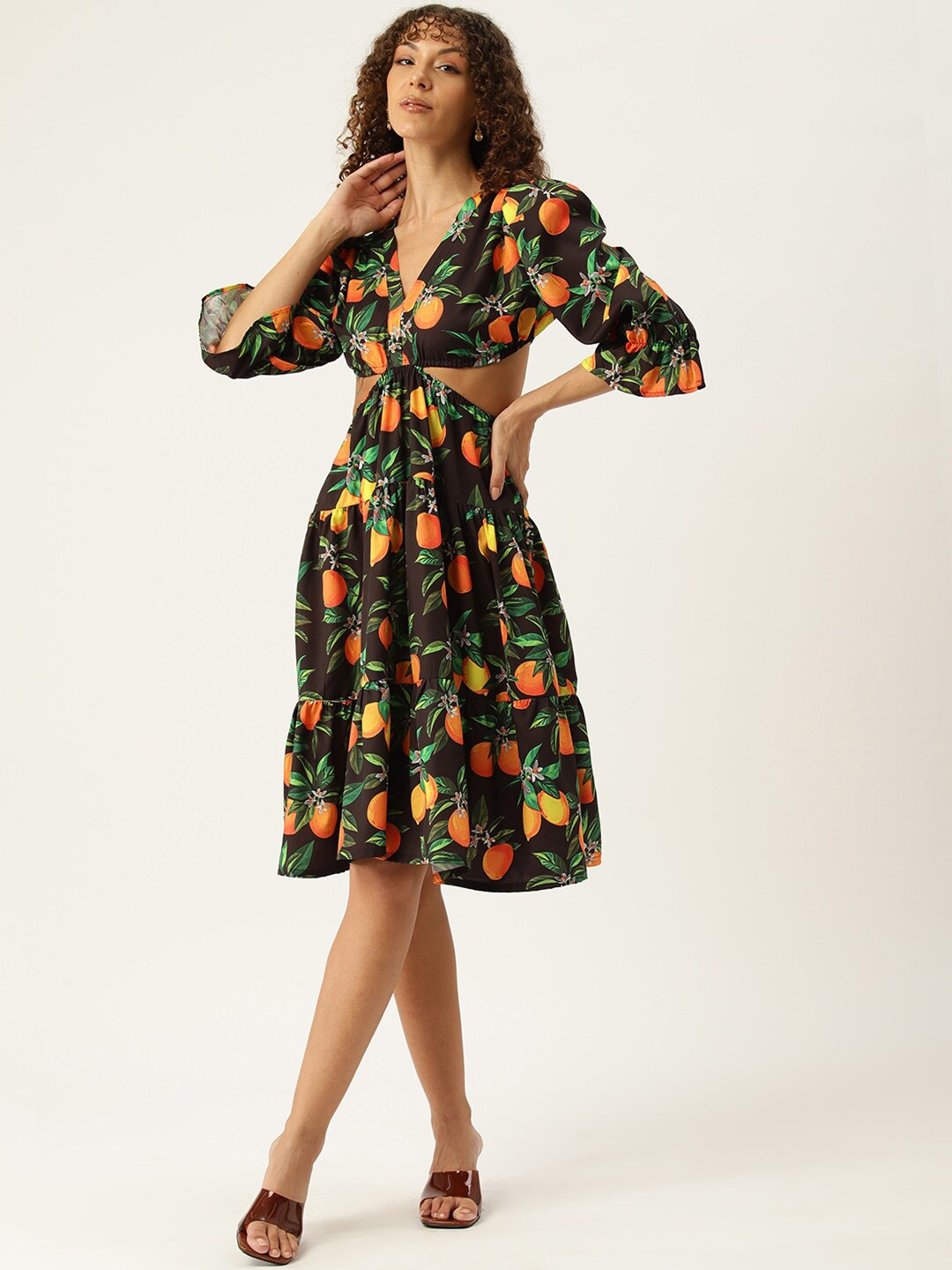 

SIRIKIT Conversational Printed V-Neck Puff Sleeves Cut Out A-Line Dress, Black