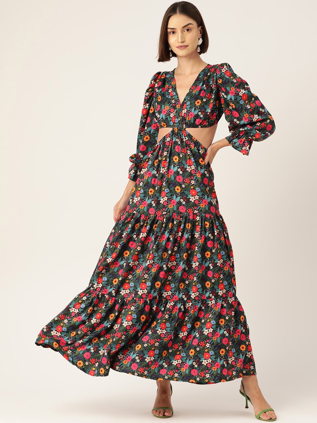 

SIRIKIT Floral Printed Bell Sleeves Cut-Out Detail Tiered A-Line Maxi Dress, Black
