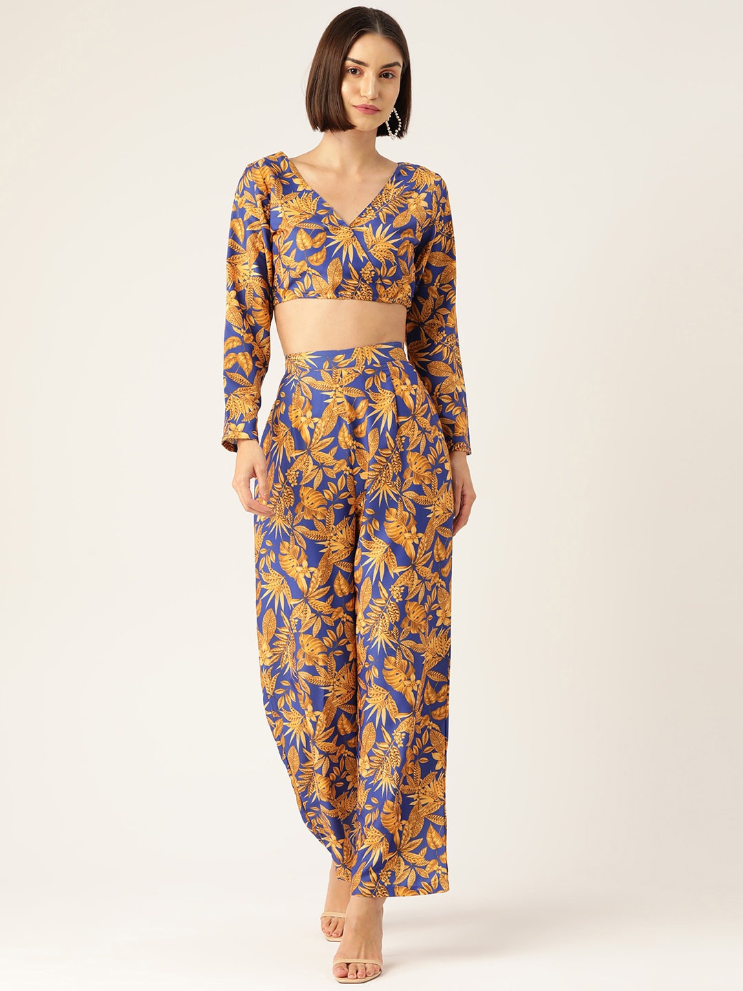 

SIRIKIT Tropical Printed V-Neck Crop Top With High Rise Trousers, Blue