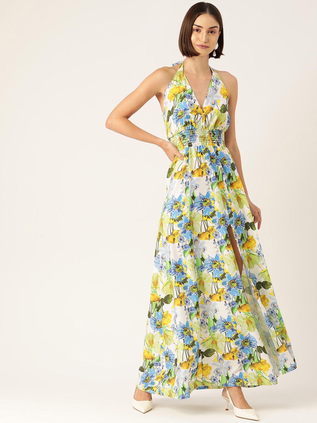 

SIRIKIT Floral Printed Halter Neck Smocked Cut-Out Detail A-Line Maxi Dress, White