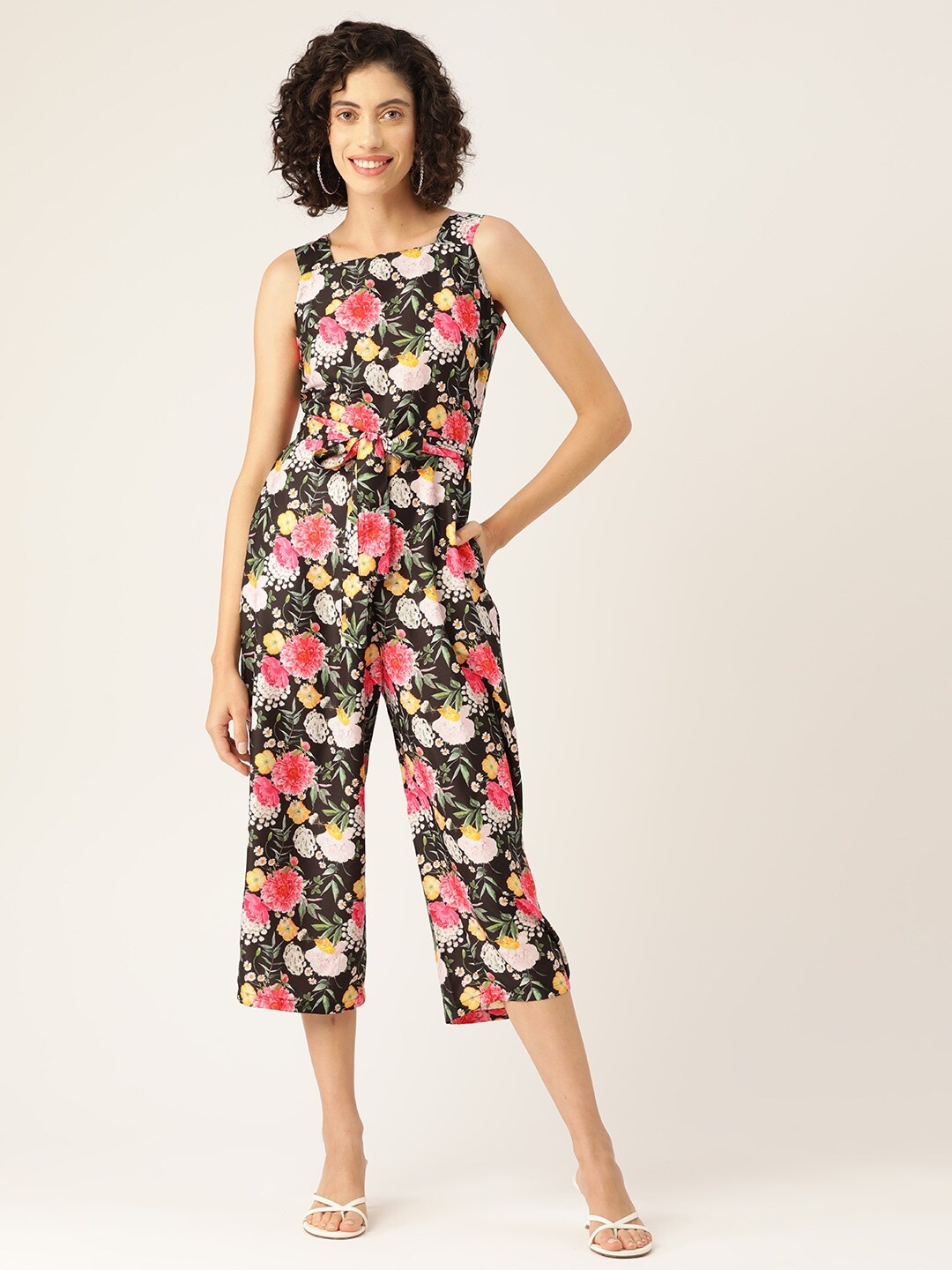 

SIRIKIT Floral Printed Shoulder Strap Capri Jumpsuit, Black
