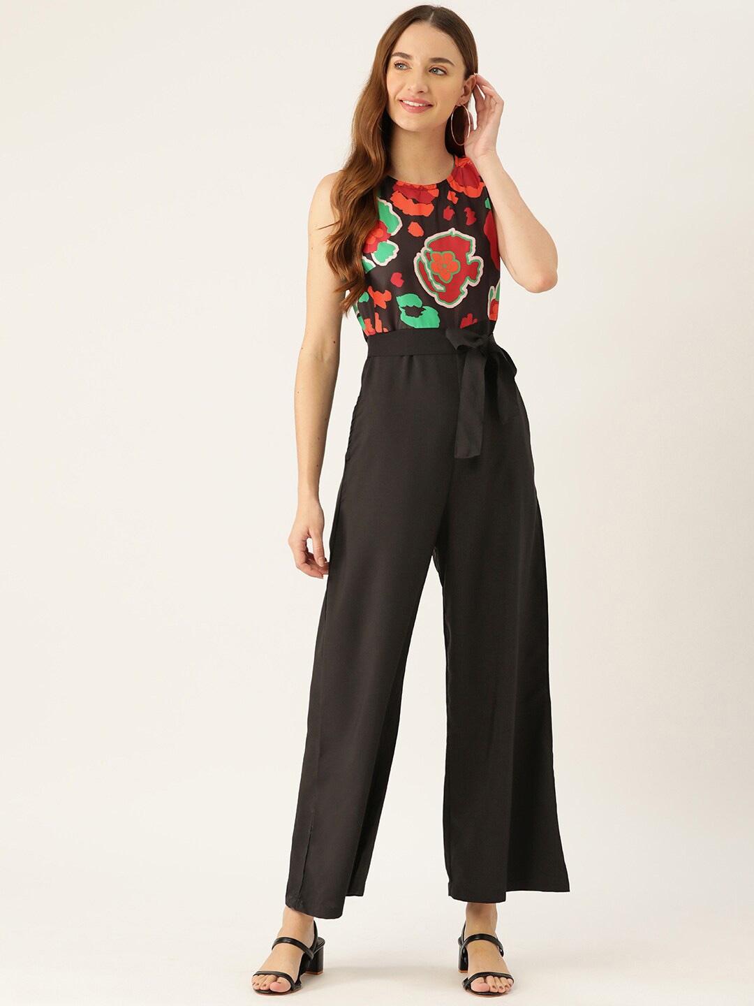 

SIRIKIT Floral Printed Waist-Tie Ups Basic Jumpsuit, Black