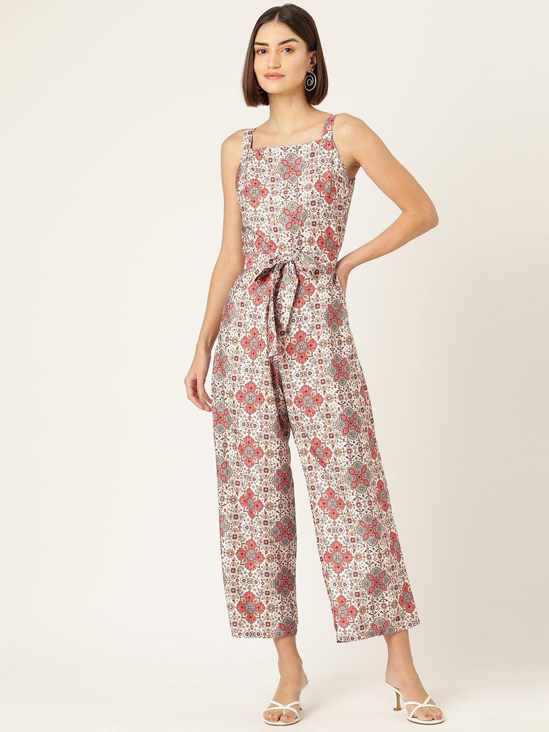 

SIRIKIT Ethnic Motifs Printed Shoulder Straps Waist Tie-Ups Basic Jumpsuit, Beige