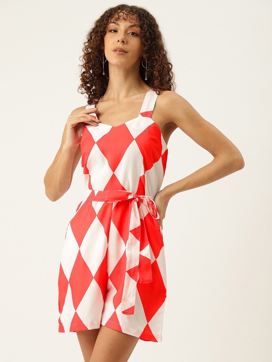 

SIRIKIT Geometric Printed Shoulder Straps Waist Tie-Ups Playsuit, White