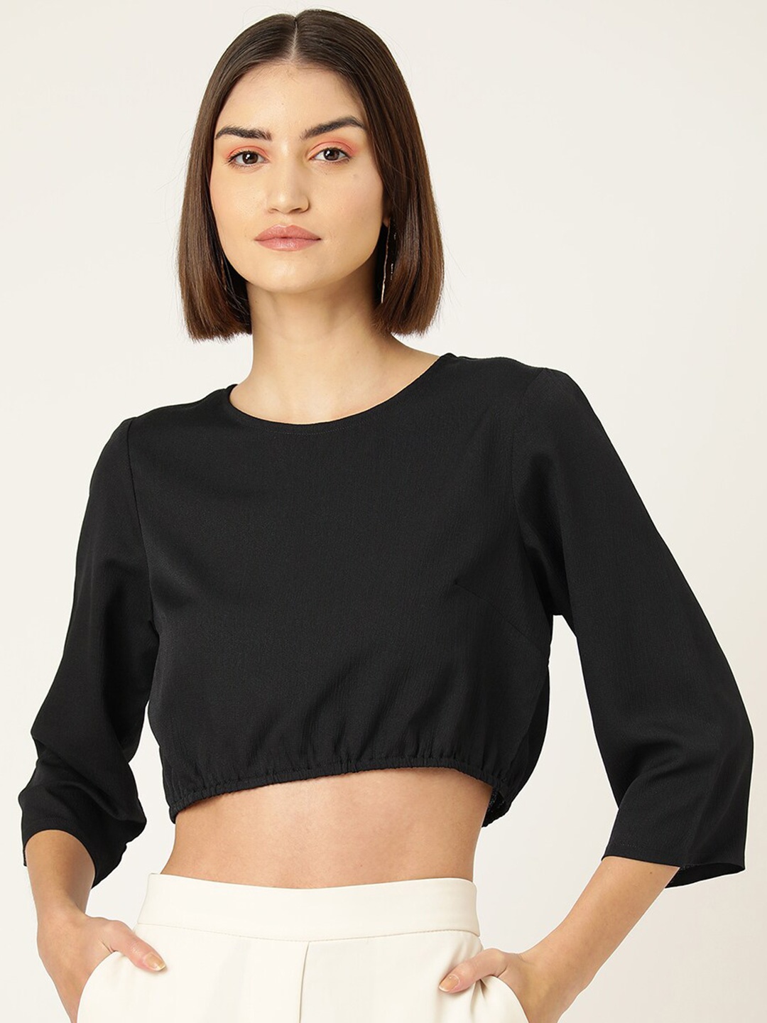 

SIRIKIT Round Neck Flared Sleeves Blouson Crop Top, Black