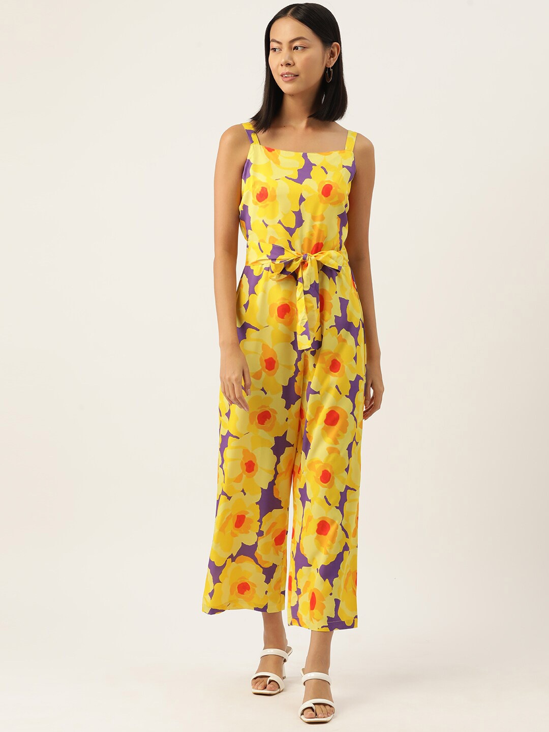 

SIRIKIT Floral Printed Waist Tie-Ups Basic Jumpsuit, Yellow