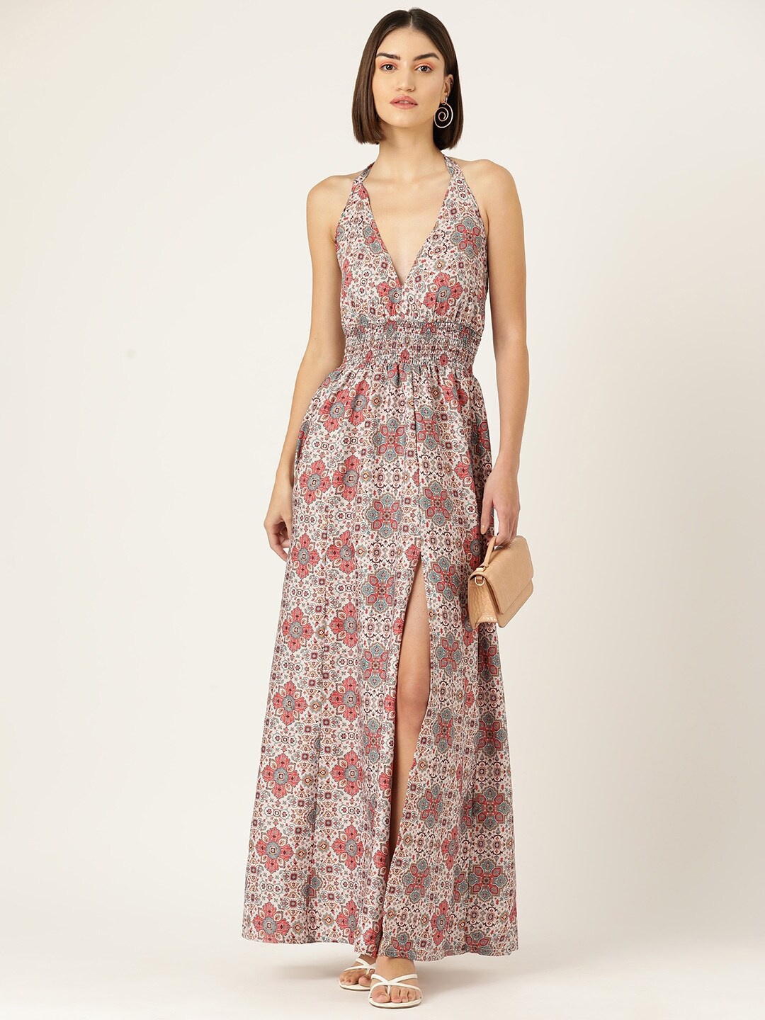 

SIRIKIT Floral Printed Crepe Tie Up Slit Smocked Maxi Dress, Beige