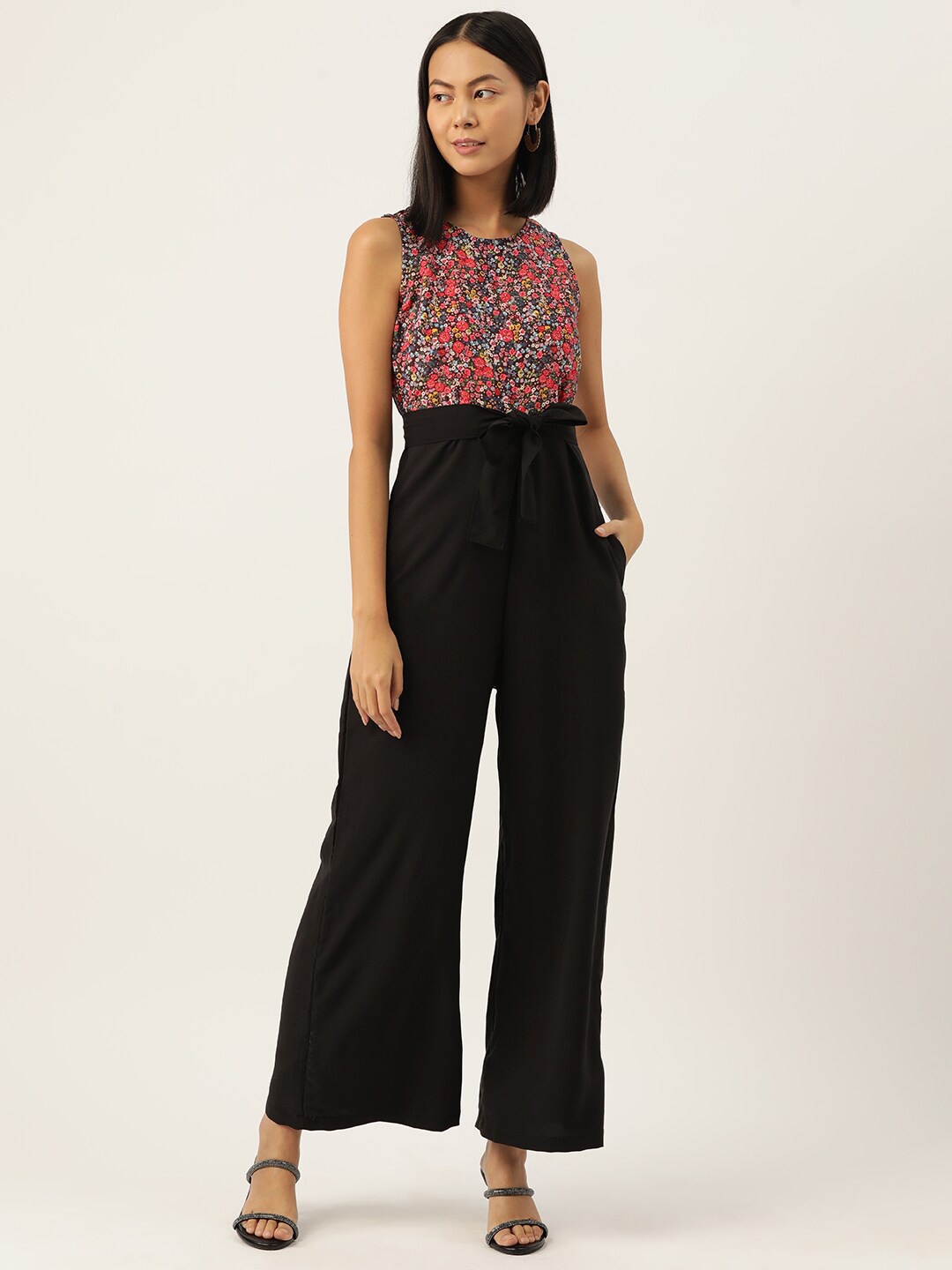 

SIRIKIT Floral Printed Round Neck Jumpsuit With Belt, Black