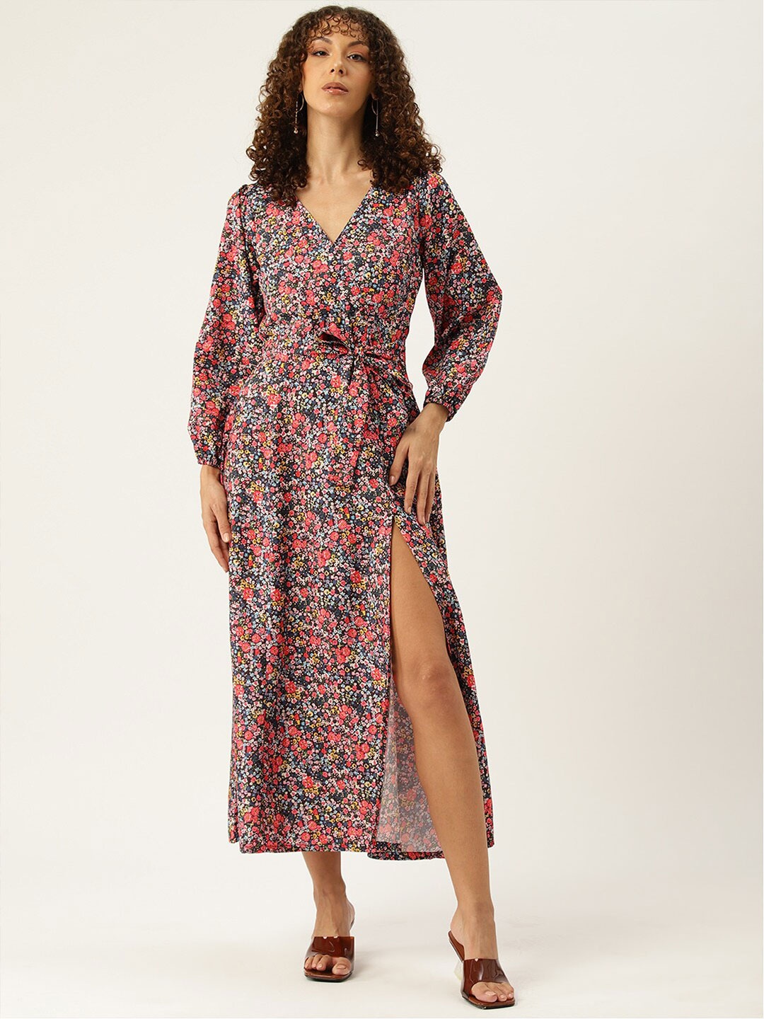 

SIRIKIT Floral Printed Puff Sleeve Crepe Fit & Flare Maxi Dress With a Belt, Black
