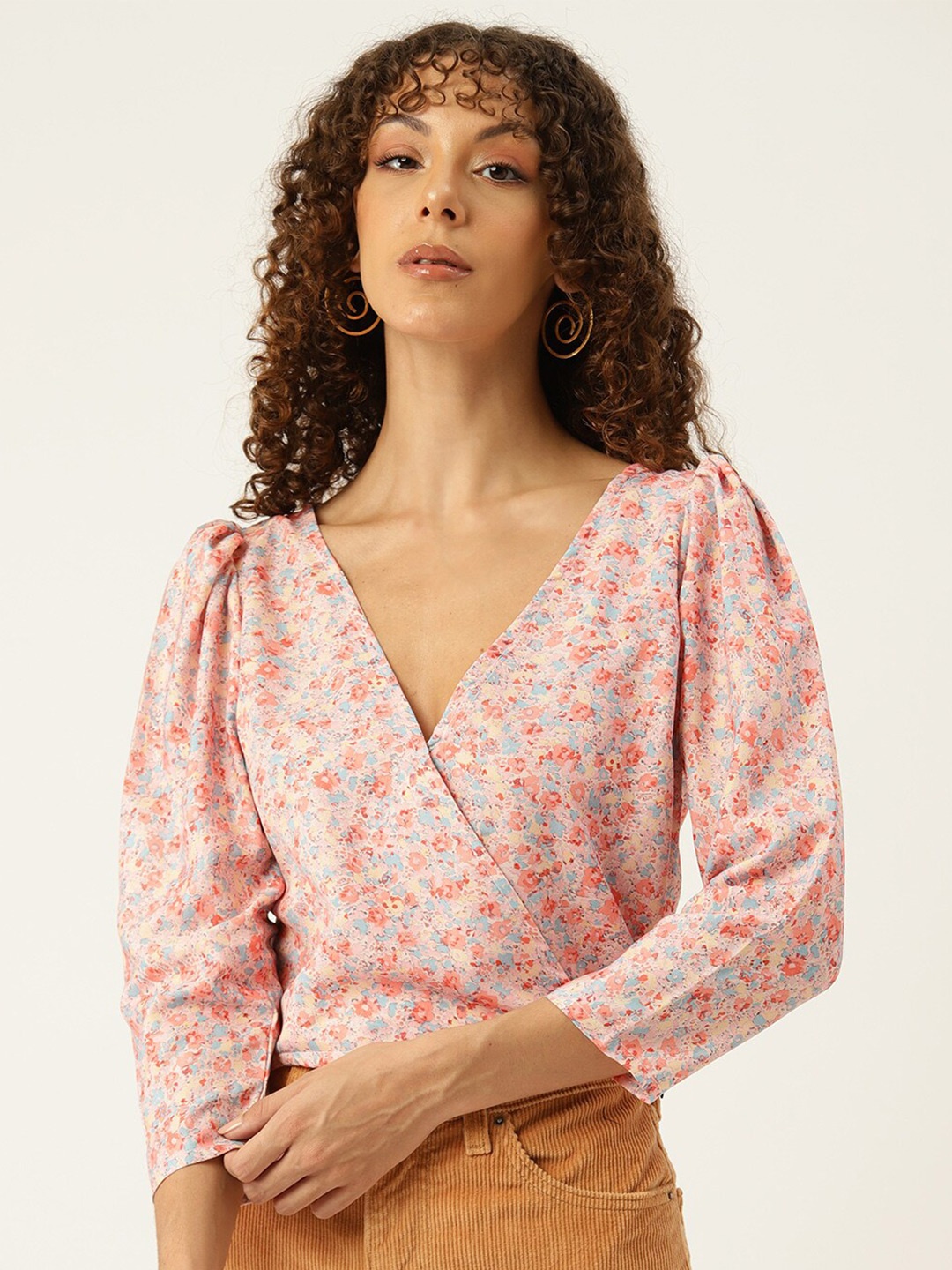 

SIRIKIT Floral Printed V-Neck Puff Sleeves Wrap Top, Beige