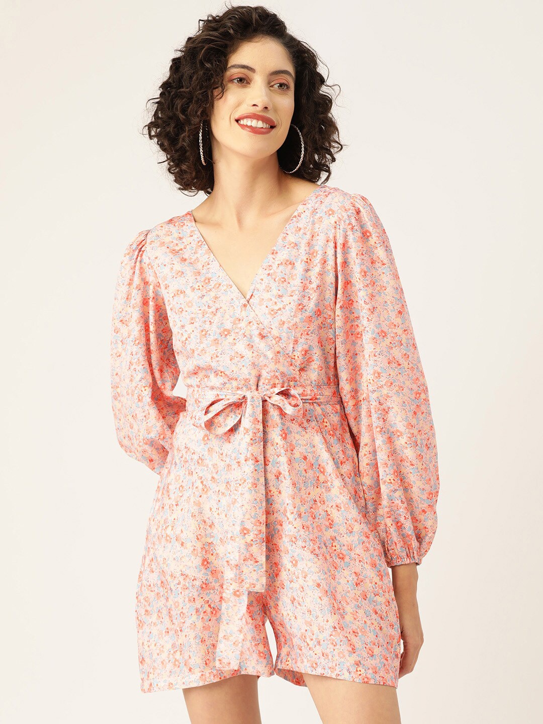 

SIRIKIT Floral Printed V-Neck Puff Sleeves Belted Detail Playsuit, Peach