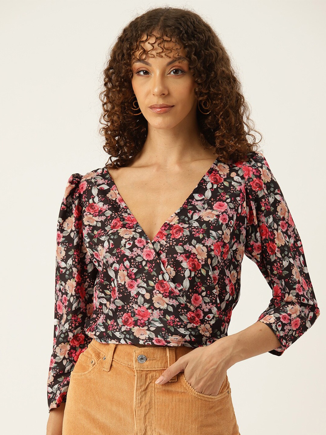 

SIRIKIT Floral Printed Wrap Crop Top, Black