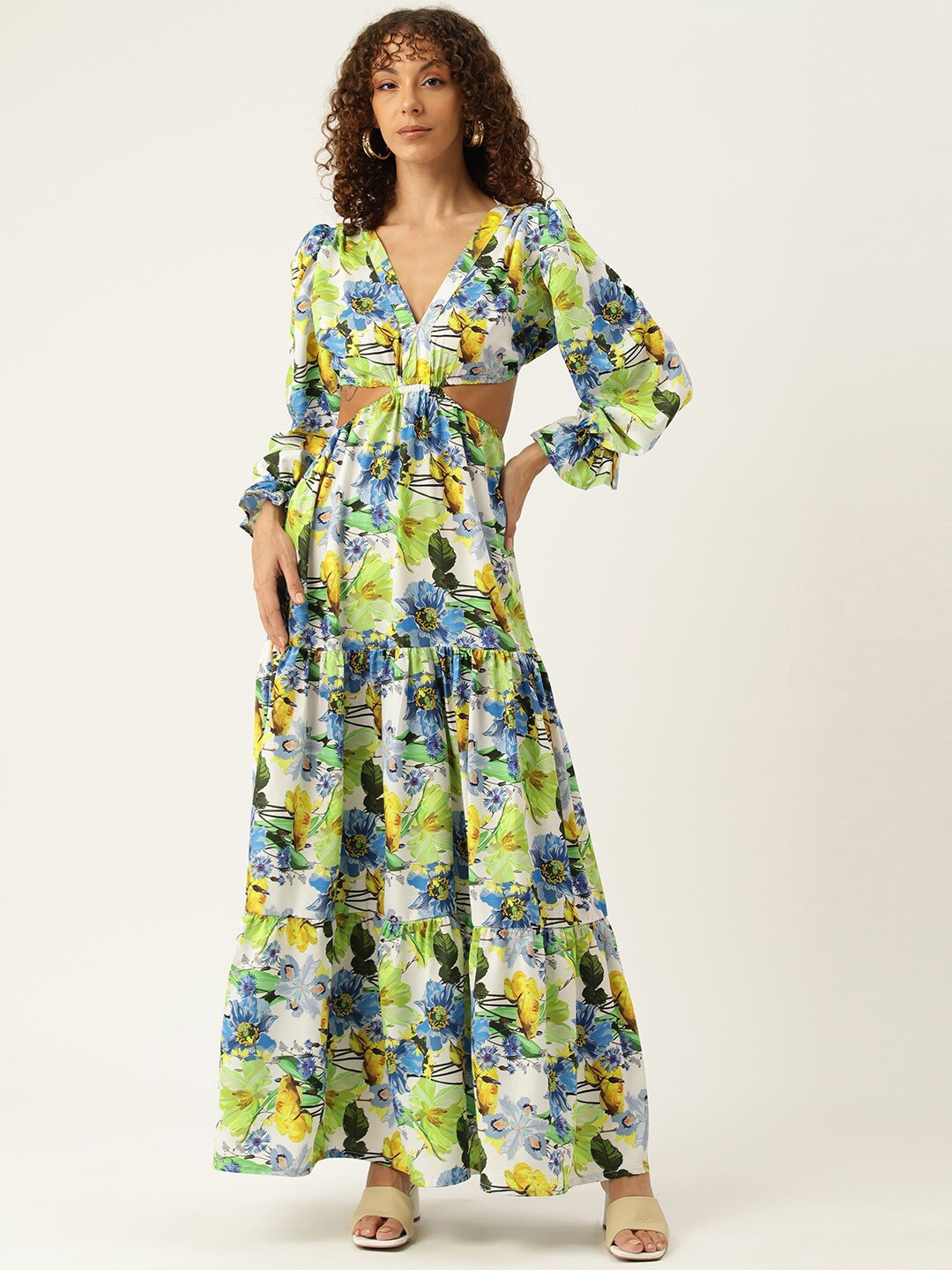 

SIRIKIT Floral Printed Puff Sleeve Crepe Fit & Flare Maxi Dress, Green