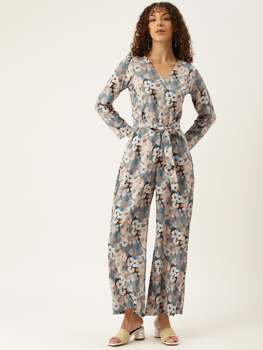 

SIRIKIT Floral Printed V-Neck Basic Jumpsuit, Grey