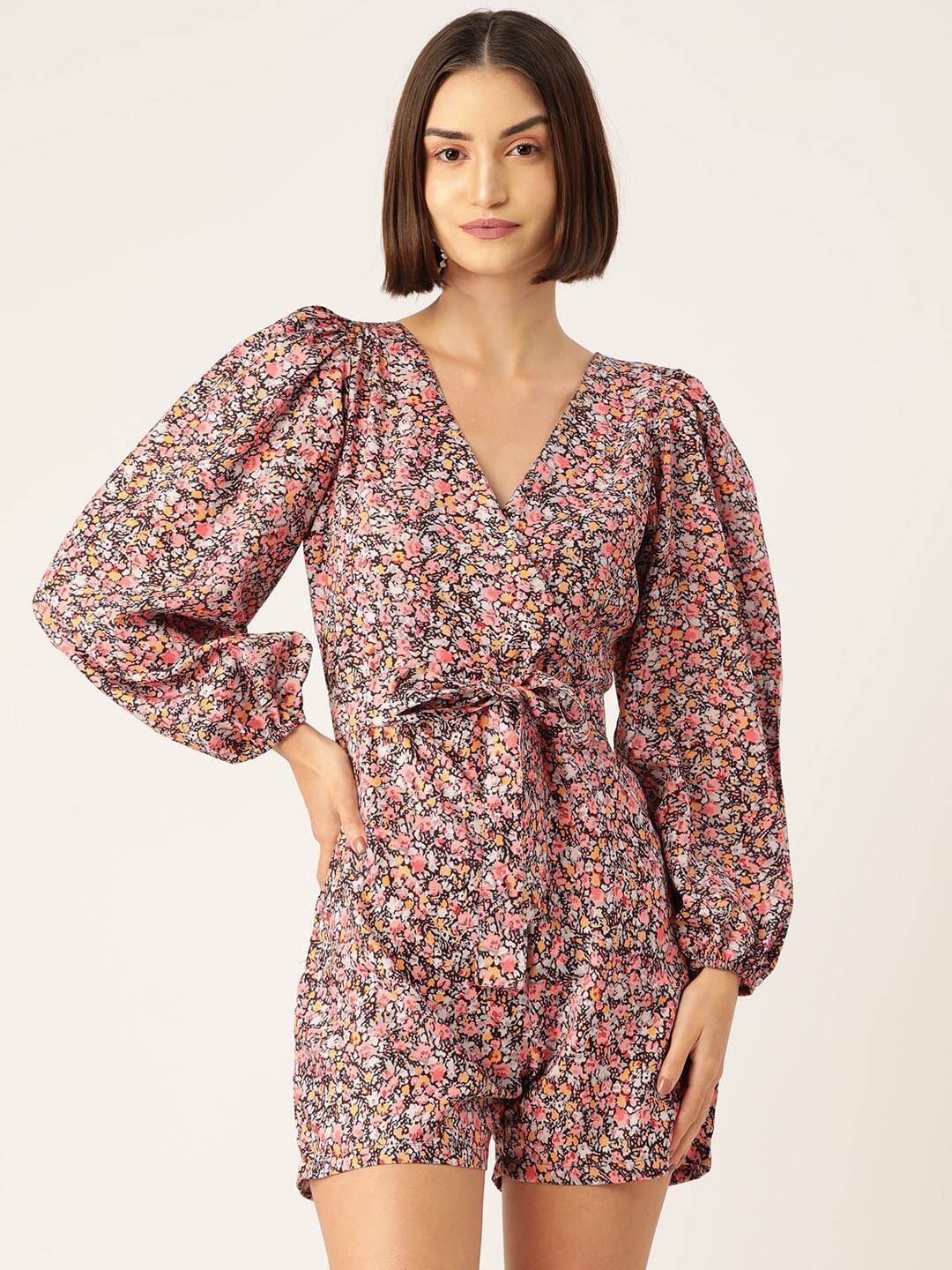 

SIRIKIT Floral Printed V-Neck Puff Sleeves Playsuit, Grey