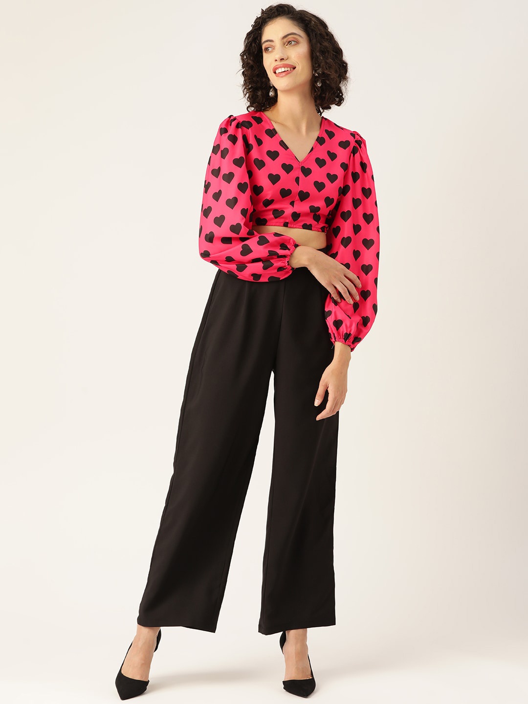 

SIRIKIT Printed V-Neck Puff Sleeves Crop Top With Trouser, Pink