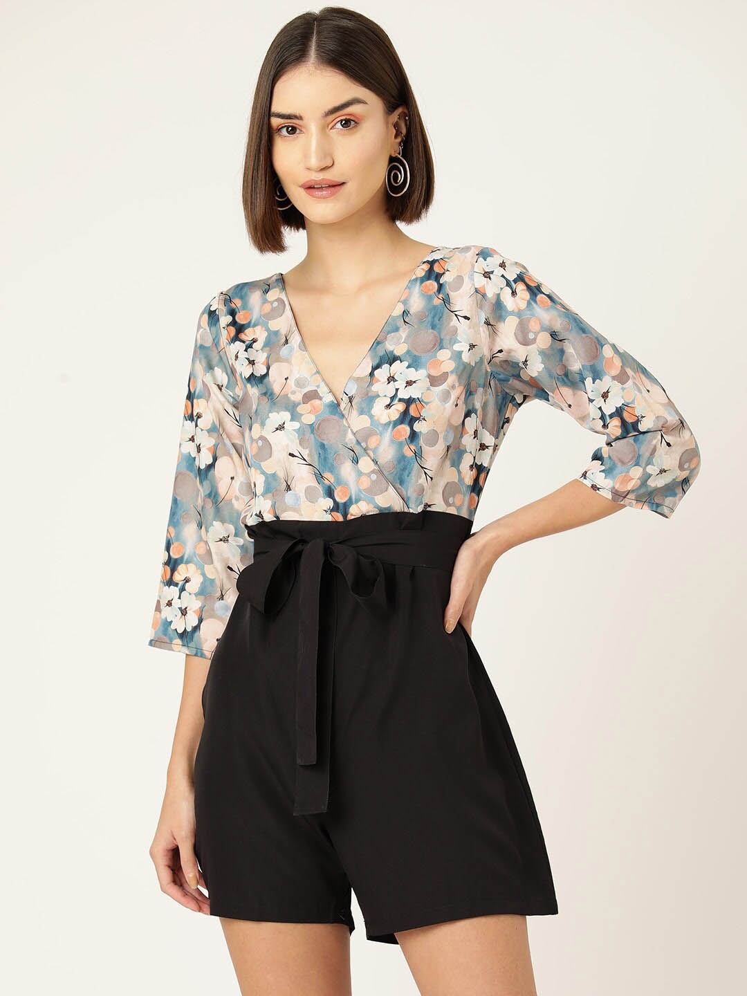 

SIRIKIT Floral Printed V-Neck Playsuit, Black