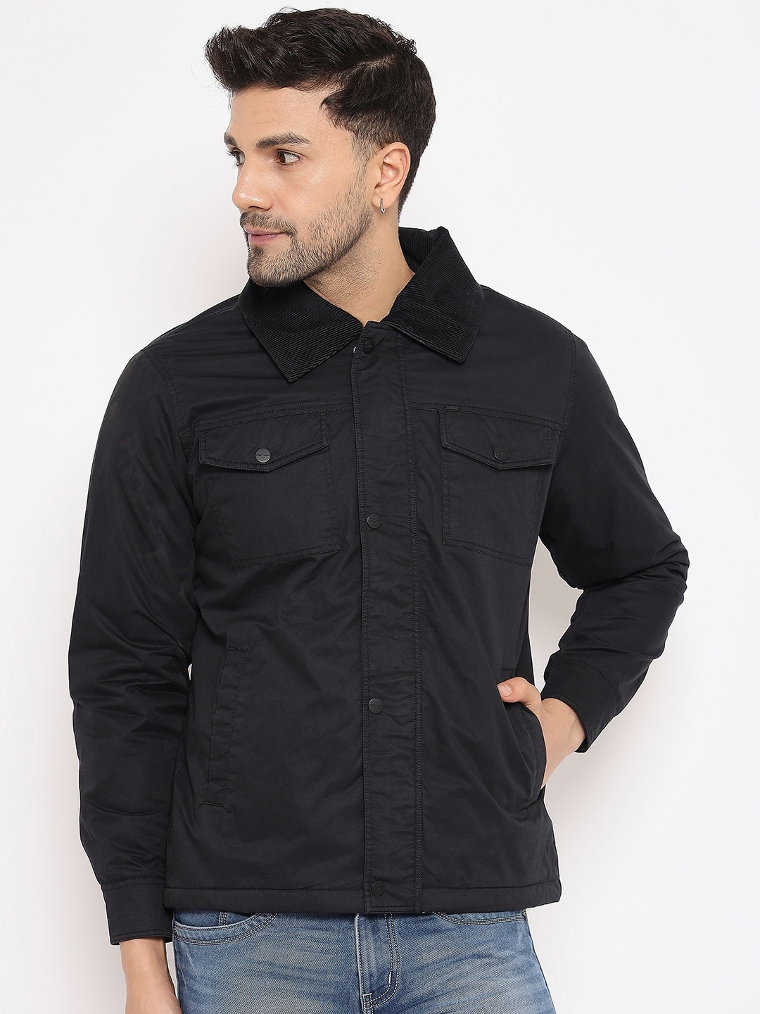 

Okane Spread Collar Lightweight Cotton Tailored Jacket, Black