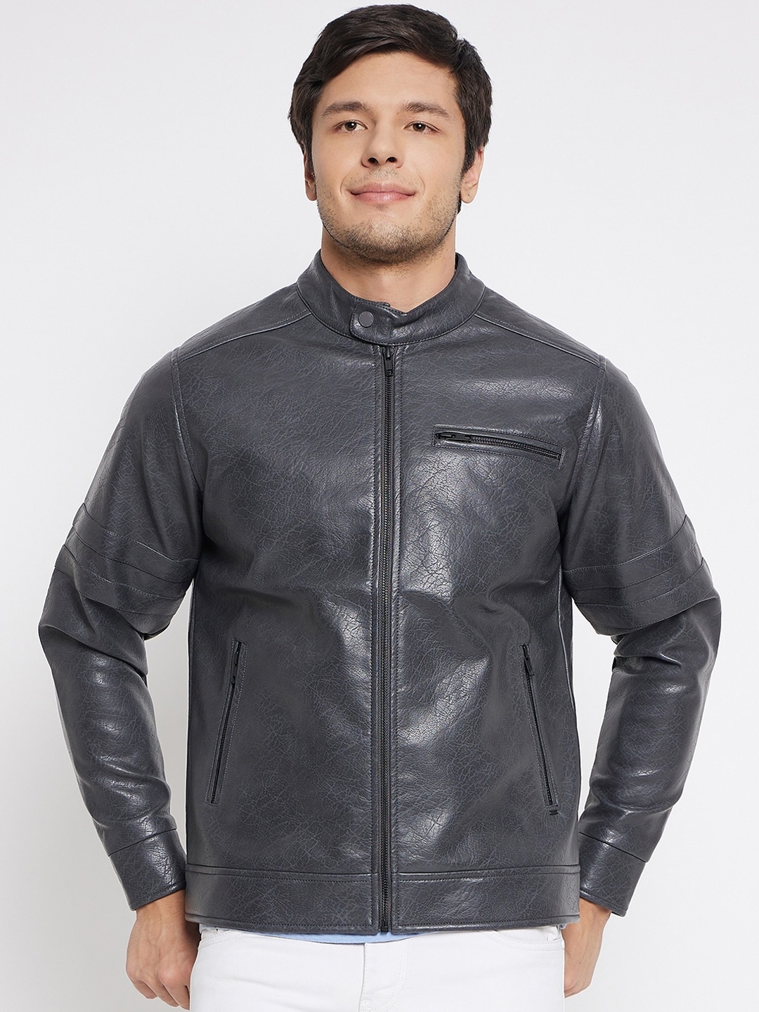 

Okane Mock Collar Leather Jacket, Grey