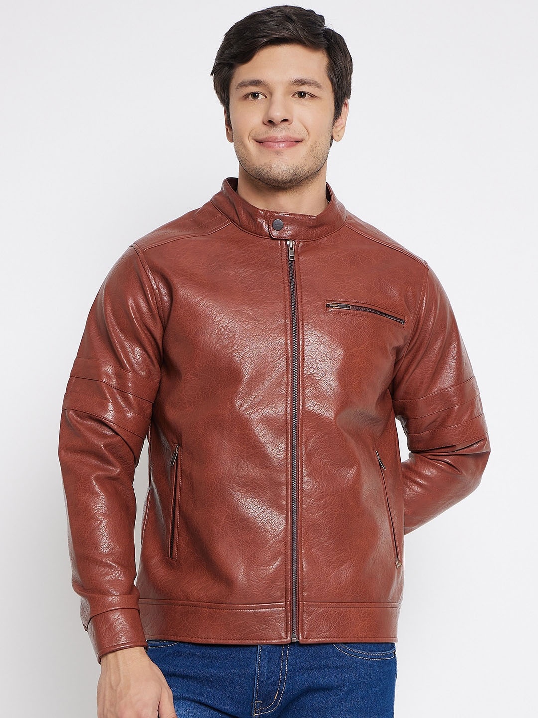 

Okane Mock Collar Leather Jacket, Brown