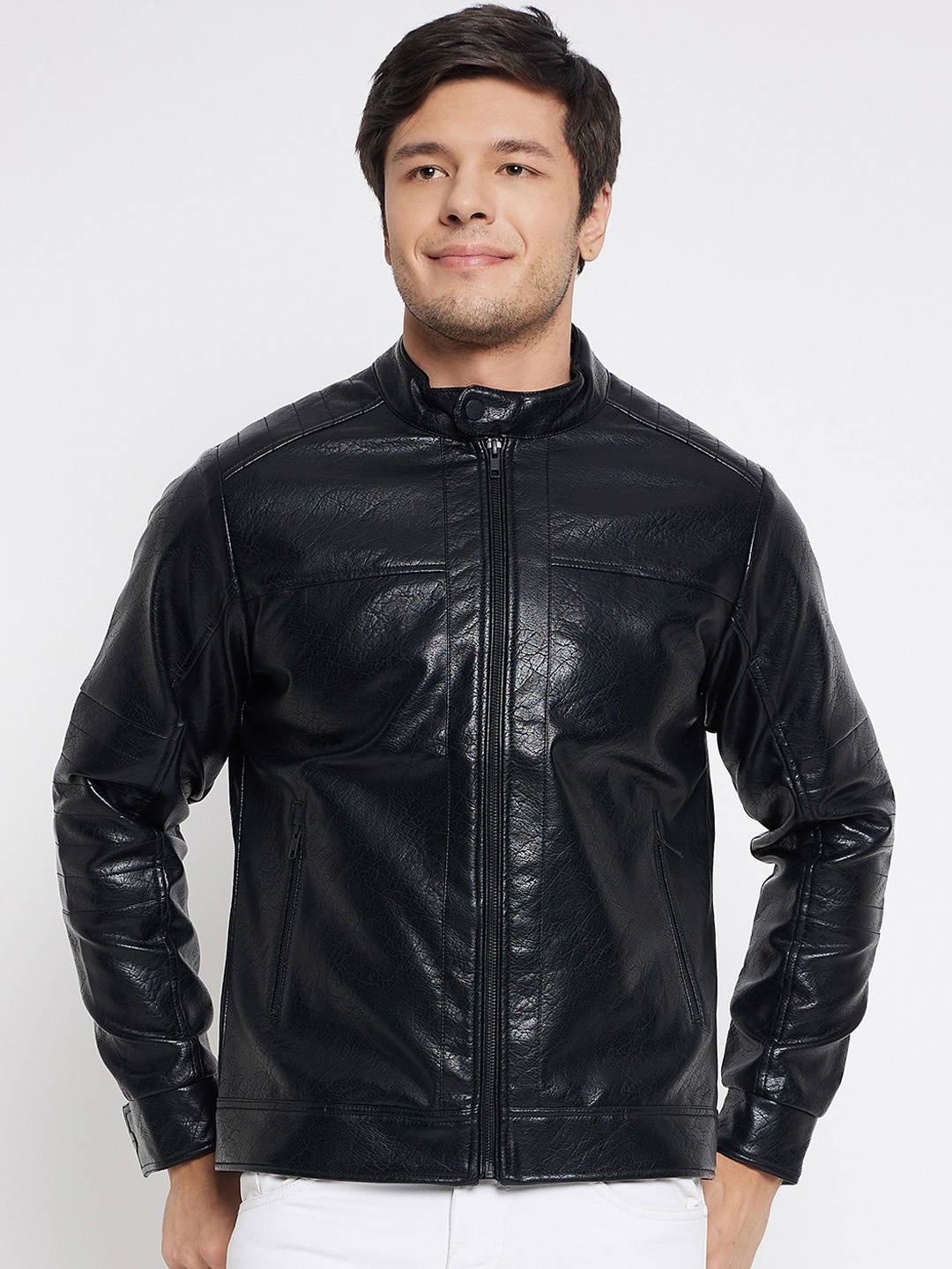 

Okane Mock Collar Leather Jacket, Black