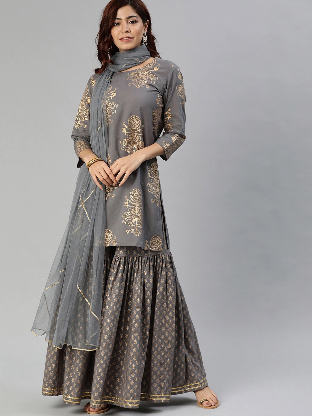 

KALINI Ethnic Motifs Foil Printed Gotta Patti Pure Cotton Kurti with Sharara & Dupatta, Grey