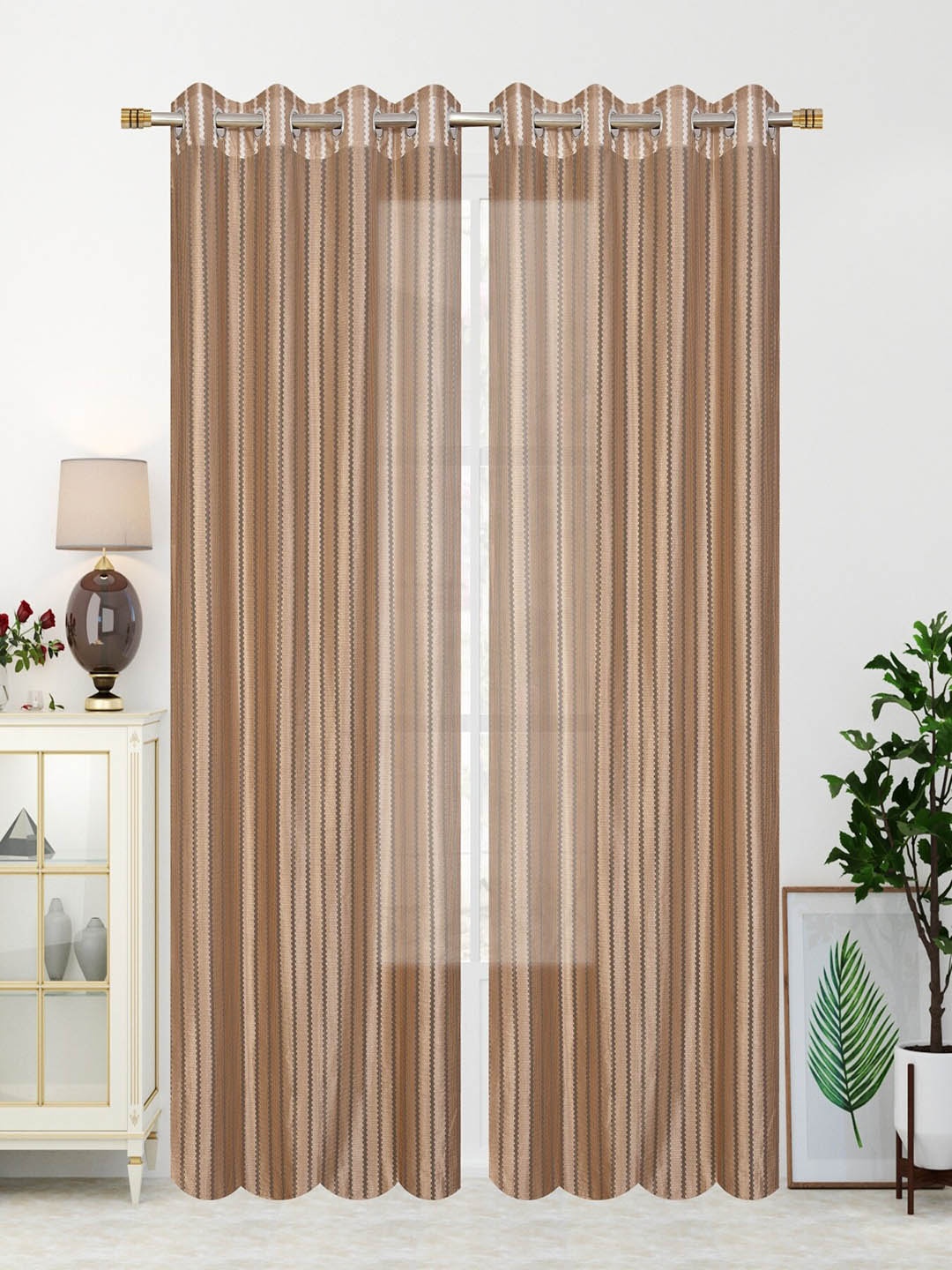 

Aura Brown & Grey 2 Pieces Striped Sheer Door Curtains