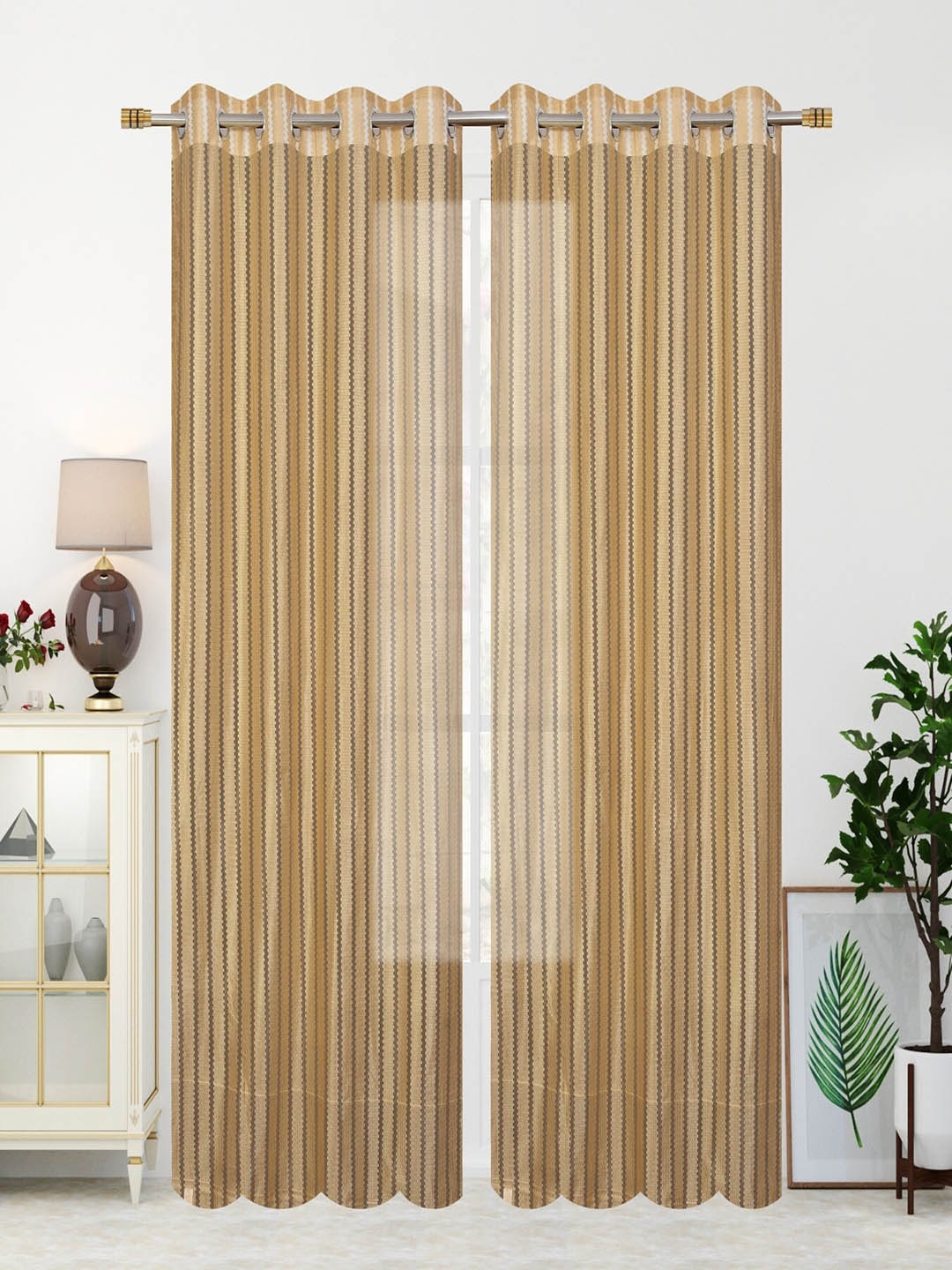 

Aura Gold-Toned 2 Pieces Striped Sheer Long Door Curtains