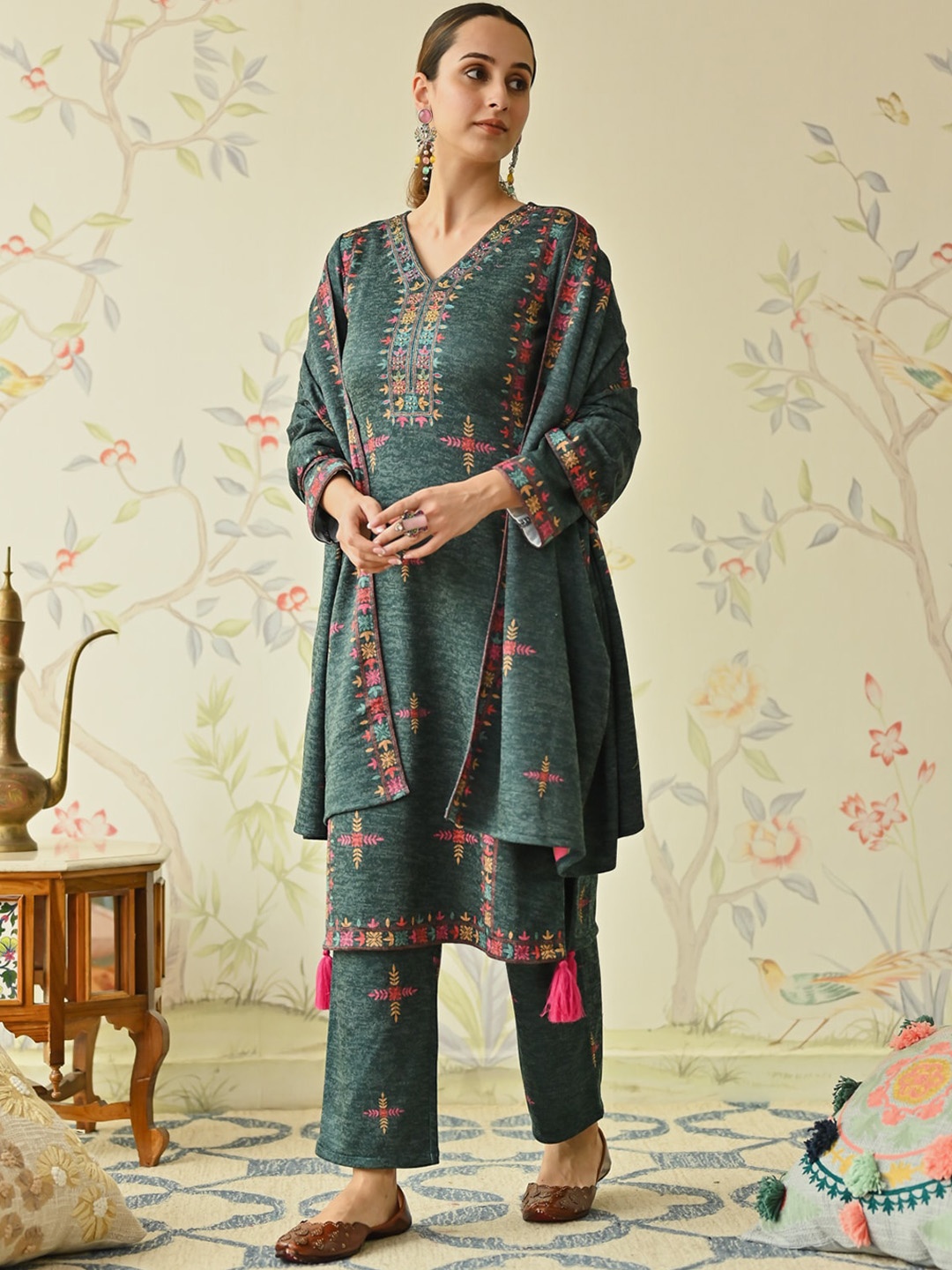 

Rustorange Floral Printed Beaded Kurta With Trouser & Dupatta, Green