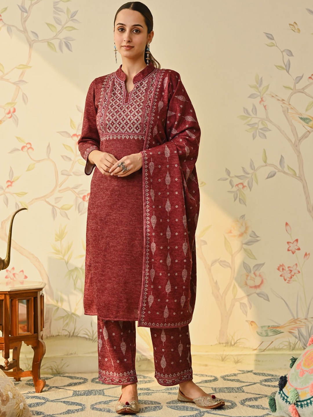 

Rustorange Ethnic Motifs Yoke Design Kurta & Trouser With Dupatta, Maroon