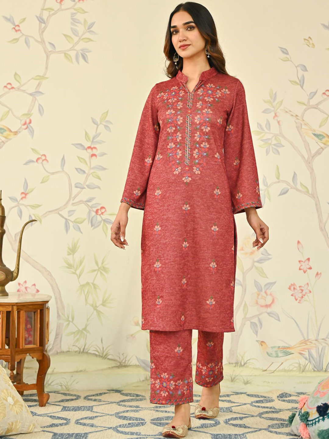 

Rustorange Floral Printed Beads & Stones Kurta With Trouser, Maroon