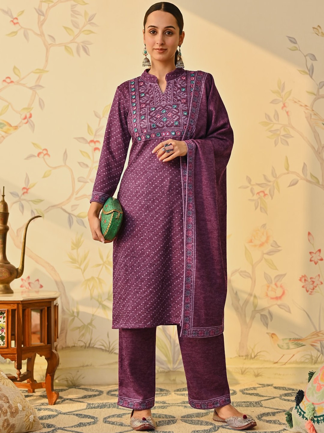 

Rustorange Bandhani Printed Mirror Work Kurta & Trouser With Dupatta, Purple