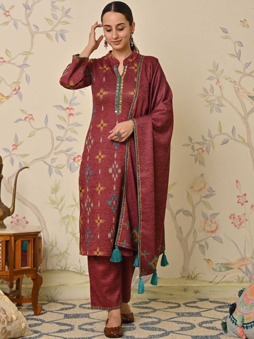 

Rustorange Ethnic Motif Printed Kurta With Salwar & Dupatta, Maroon
