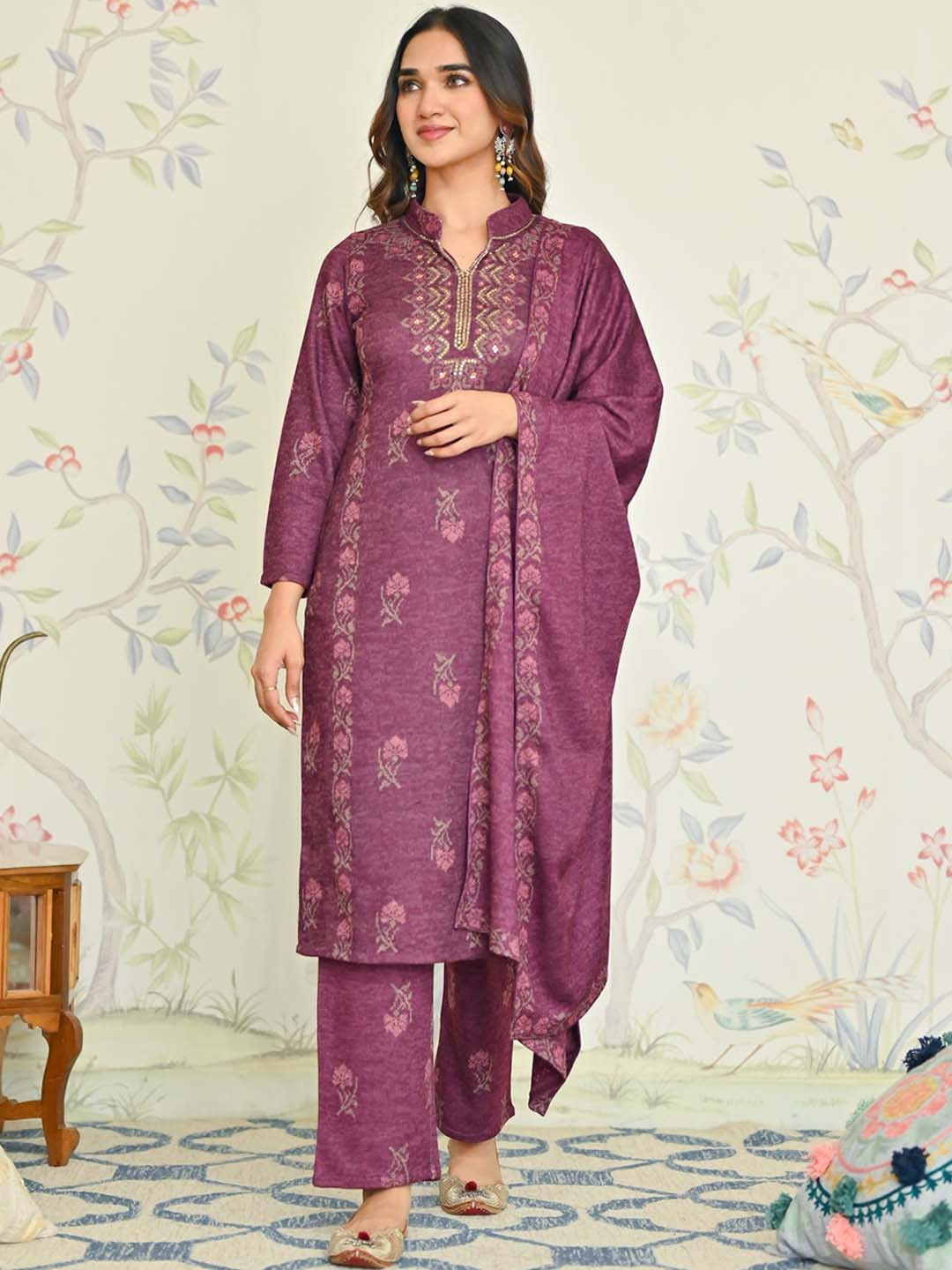 

Rustorange Floral Printed Sequinned Kurta With Trouser & Dupatta, Pink