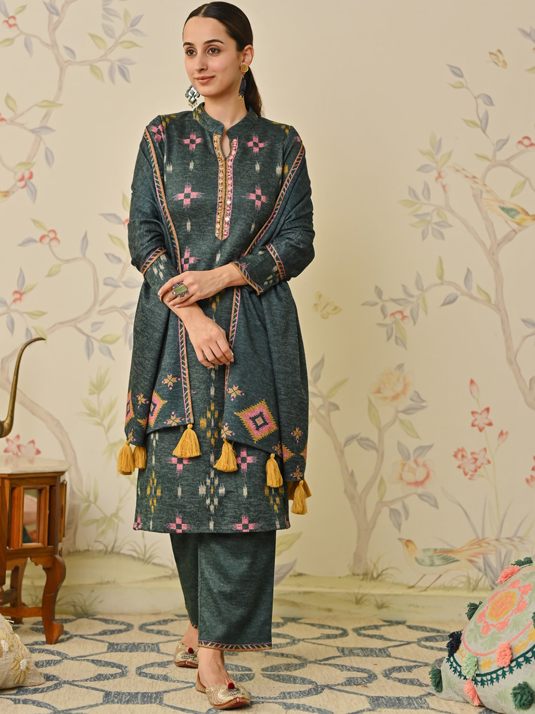 

Rustorange Geometric Printed Mandarin Collar Mirror Work Kurta with Trousers & Dupatta, Green