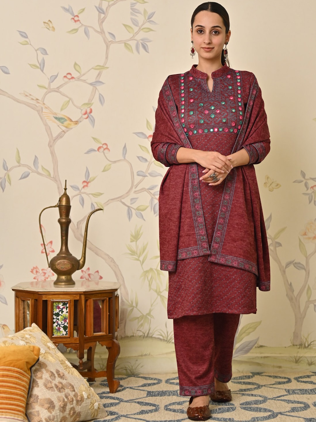 

Rustorange Ethnic Motifs Printed Mirror Work Kurta & Trouser With Dupatta, Maroon