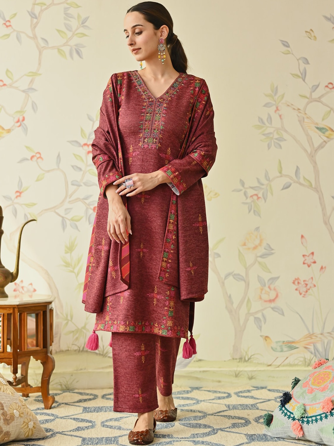 

Rustorange Ethnic Motifs Printed Kurta & Trouser With Dupatta, Maroon
