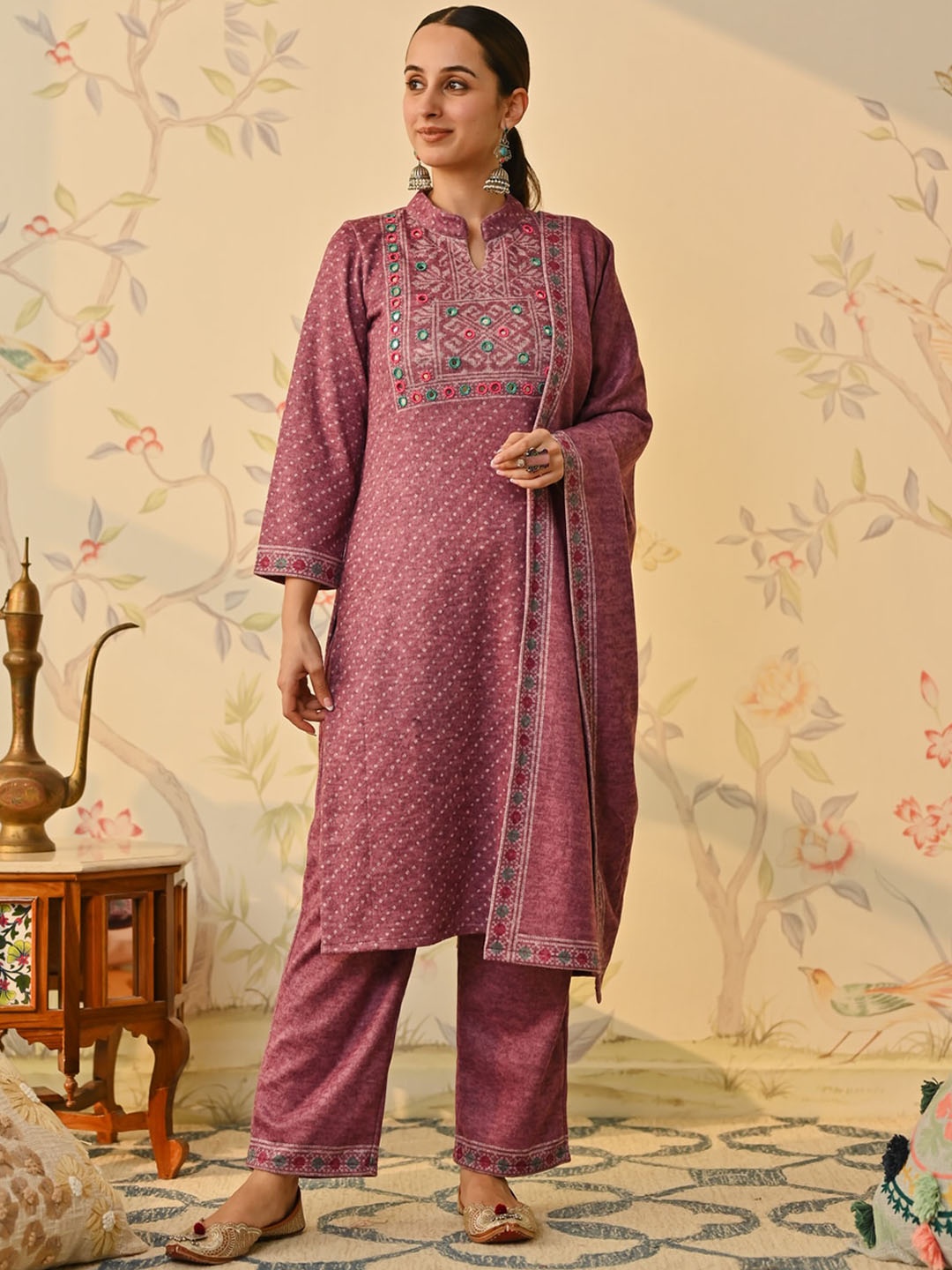 

Rustorange Bandhani Printed Mirror Work Kurta & Trouser With Dupatta, Mauve