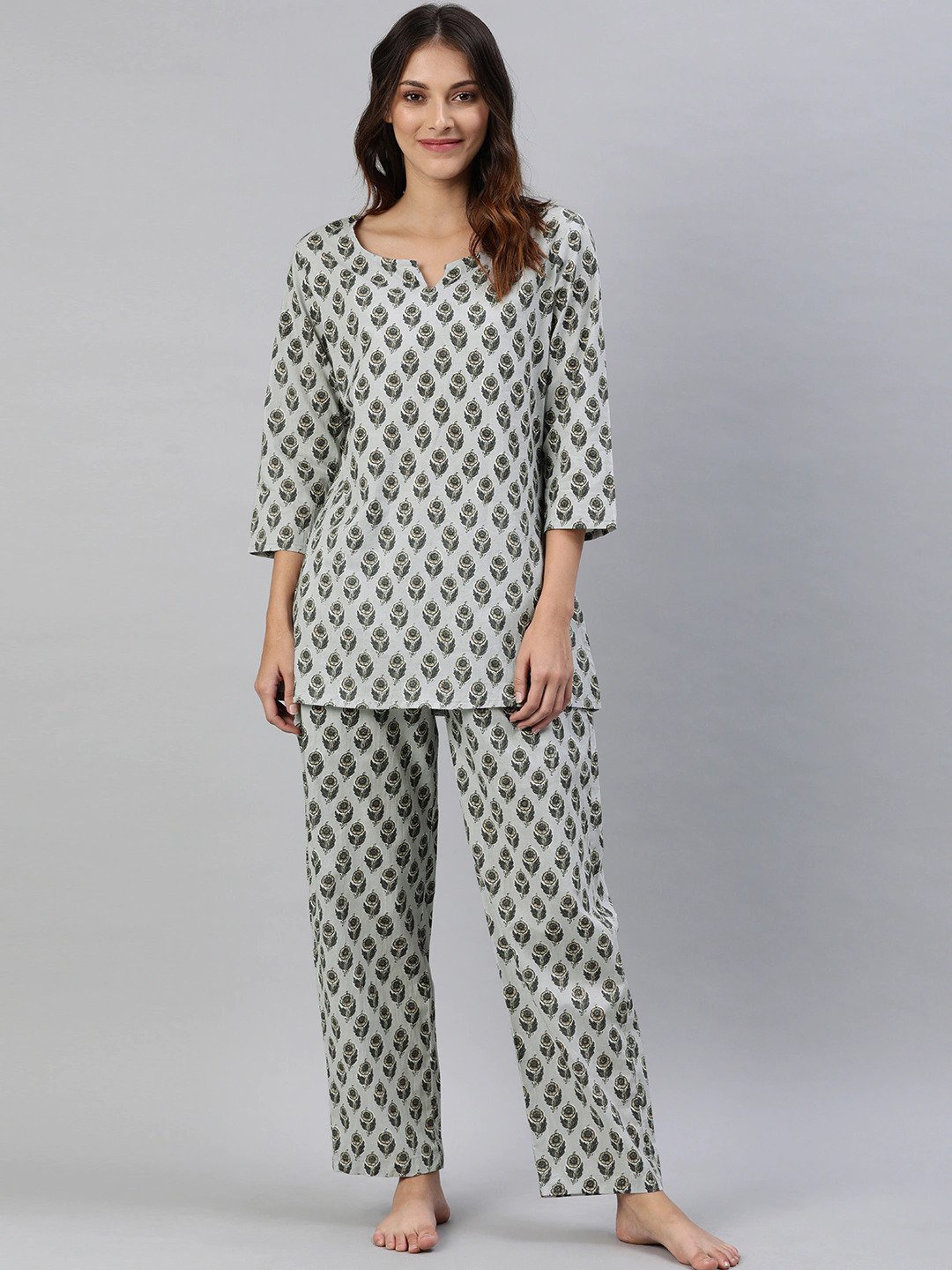 

KALINI Floral Printed Pure Cotton Kurti & Lounge Pants, Grey