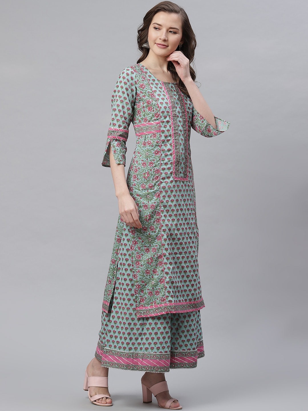 

KALINI Ethnic Motifs Printed Gotta Patti Pure Cotton Straight Kurta With Palazzos, Turquoise blue