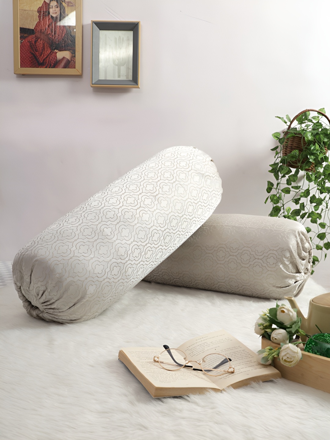 

THE CONVERSION Beige 2 Pieces Ethnic Motifs Printed Bolster Covers