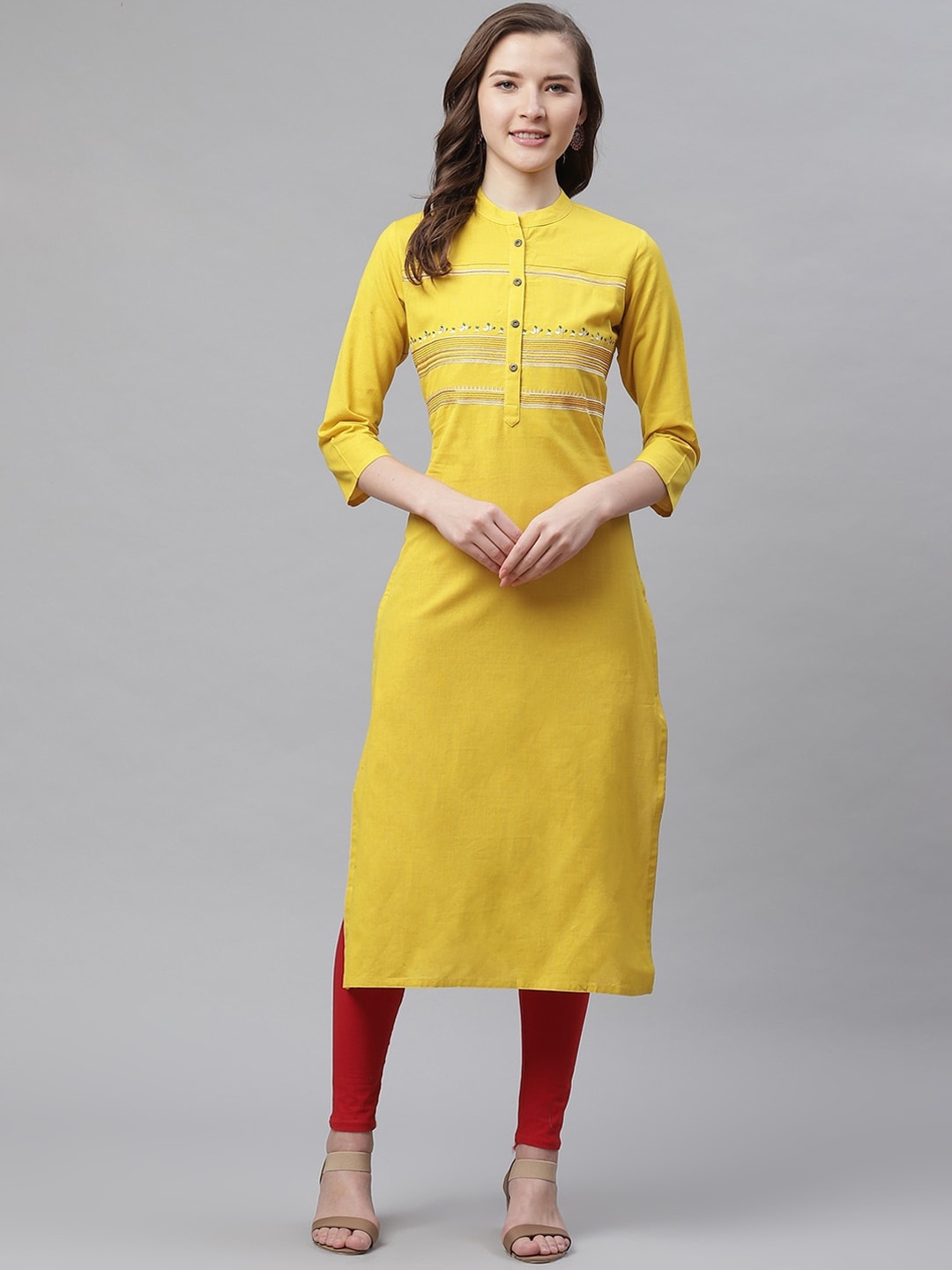 

KALINI Striped Mandarin Collar Thread Work Detailed Cotton Straight Kurta, Mustard