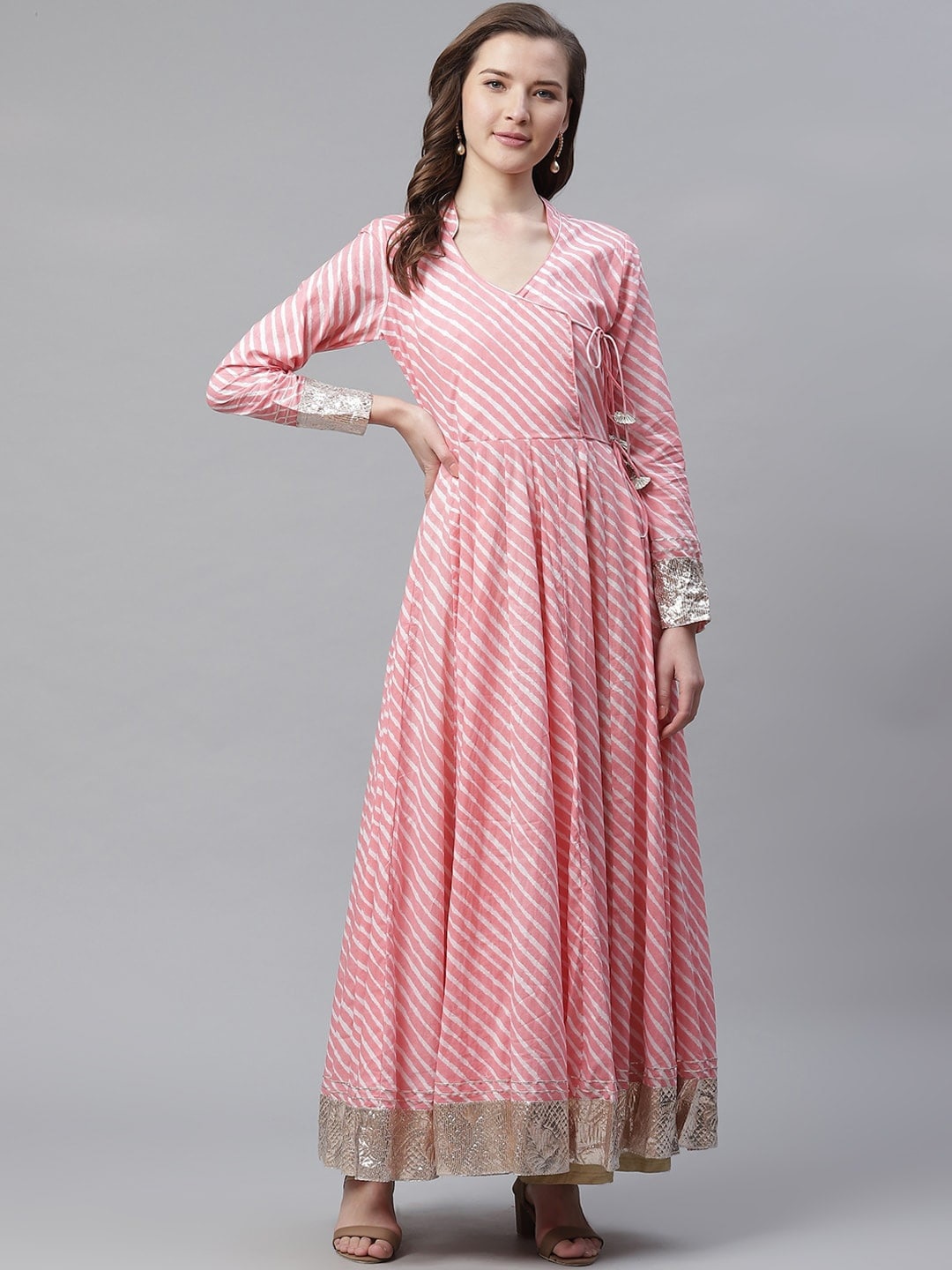 

KALINI Leheriya Printed Gotta Patti Detailed Angrakha Cotton Anarkali Kurta, Pink