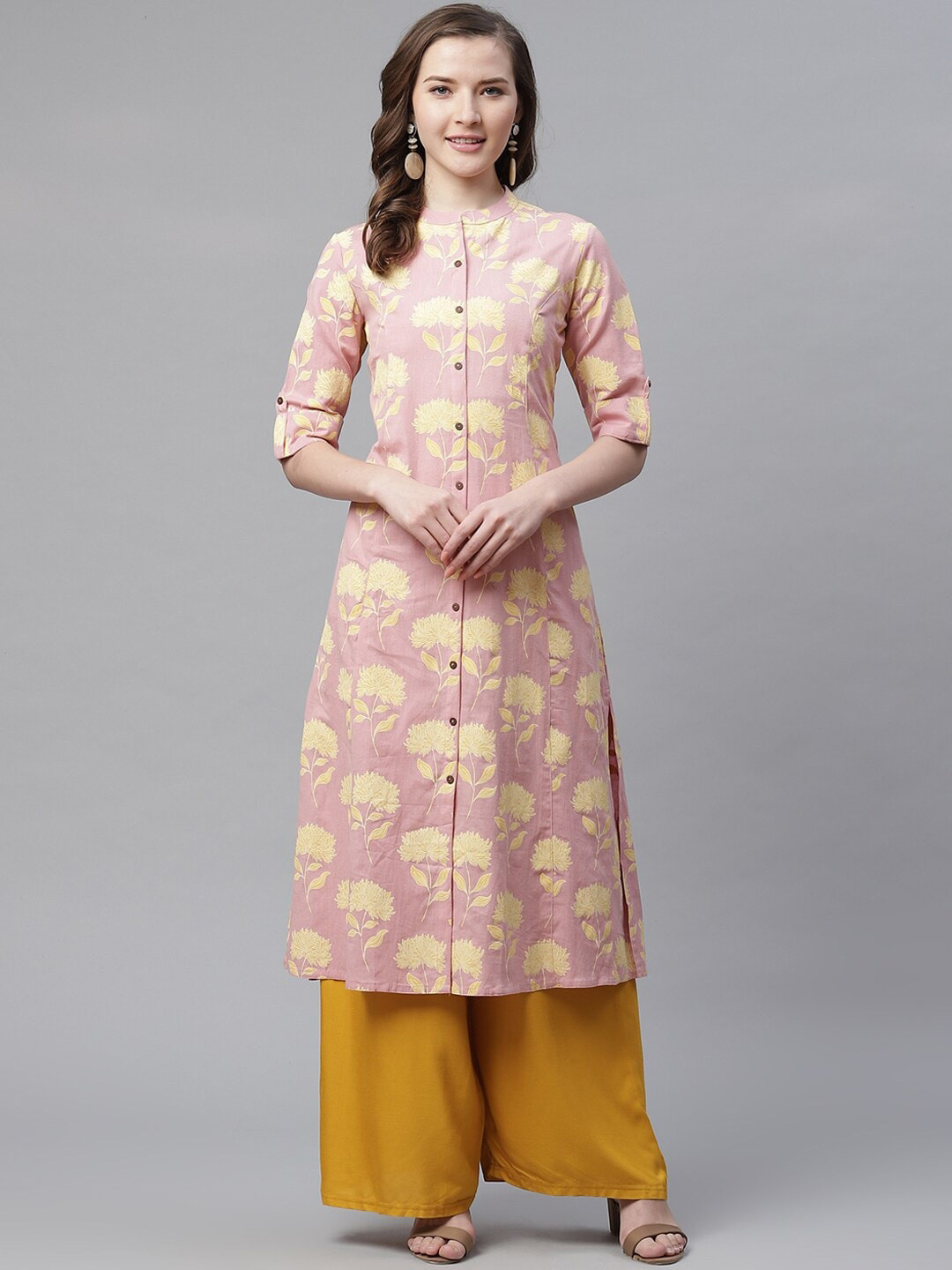 

KALINI Floral Printed Mandarin Collar A Line Kurta, Pink