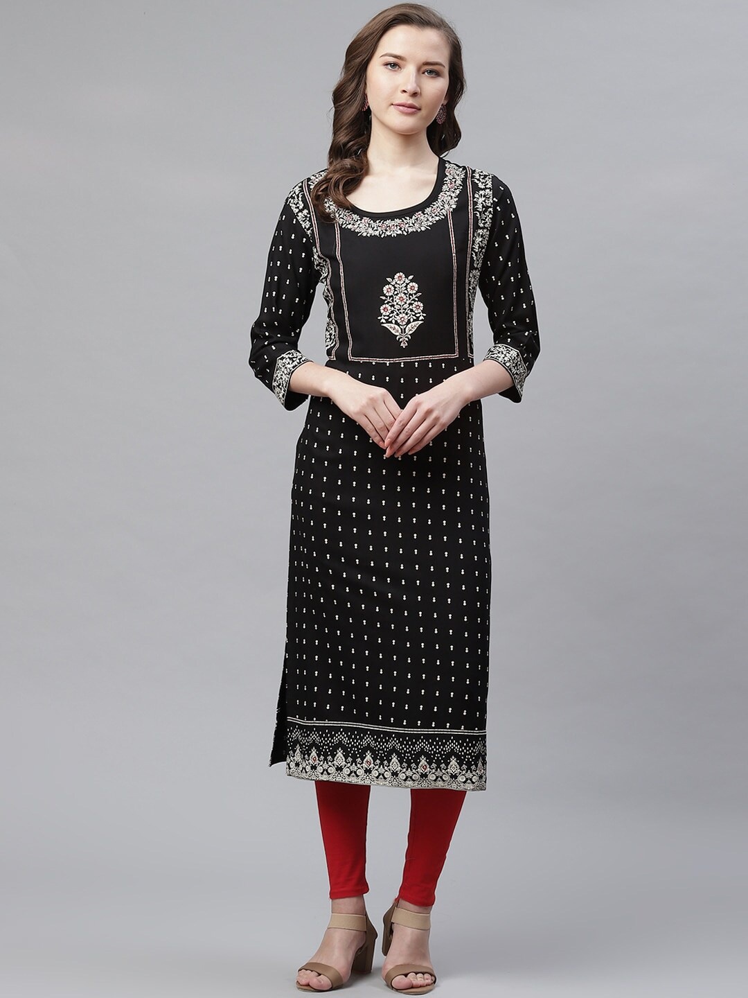 

KALINI Floral Printed Sequinned Straight Kurta, Black